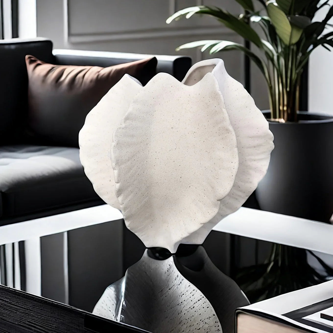 Beige Ceramic Vase with Textured Art Design and Smooth Interior, angled view - House Of Avana