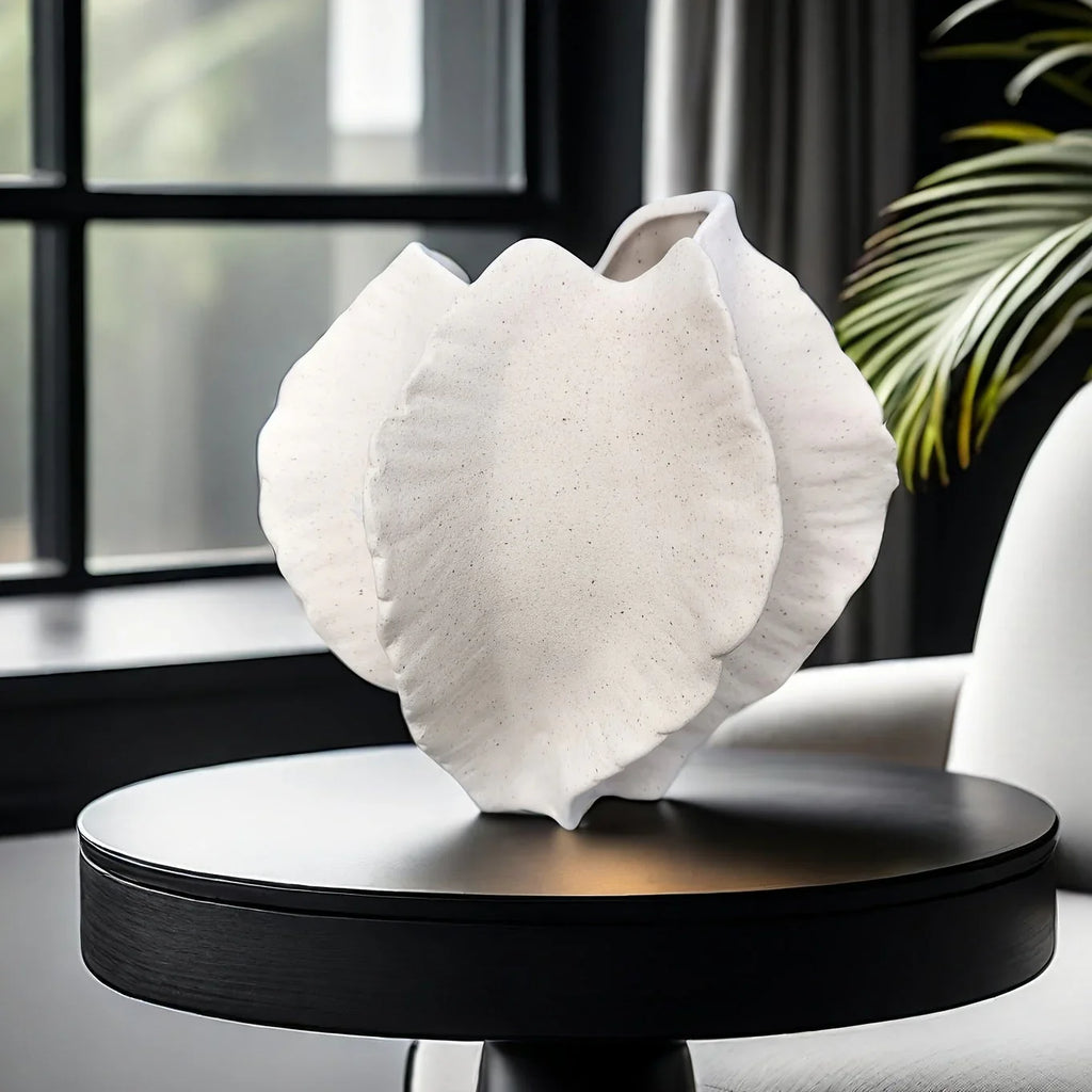 Beige Ceramic Vase with Textured Art Design and Smooth Interior, side view - House Of Avana