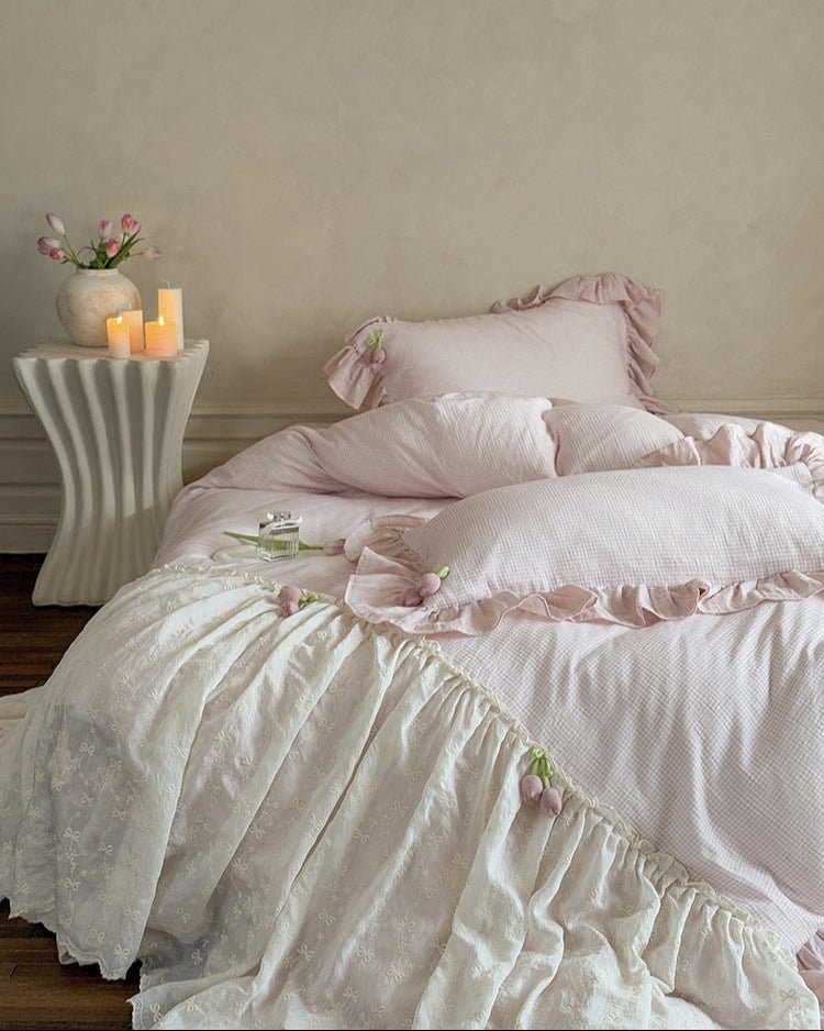 Bella Floral Lace Ruffled Princess Bedding Set / Pink Ever Lasting