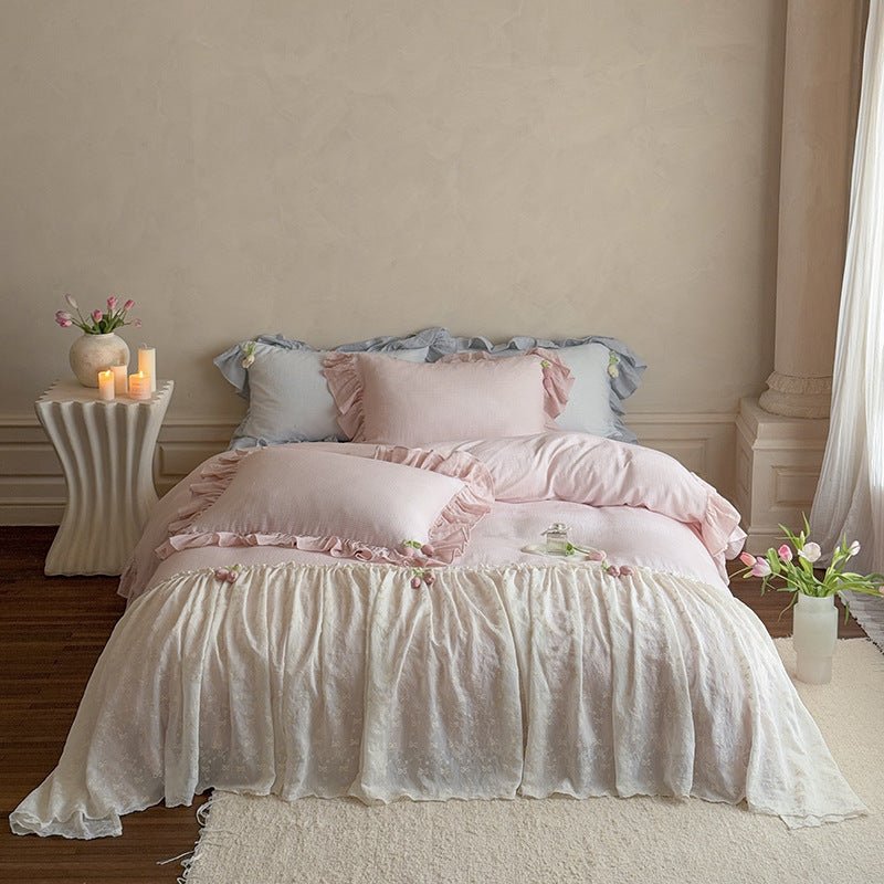 Bella Floral Lace Ruffled Princess Bedding Set / Pink Ever Lasting