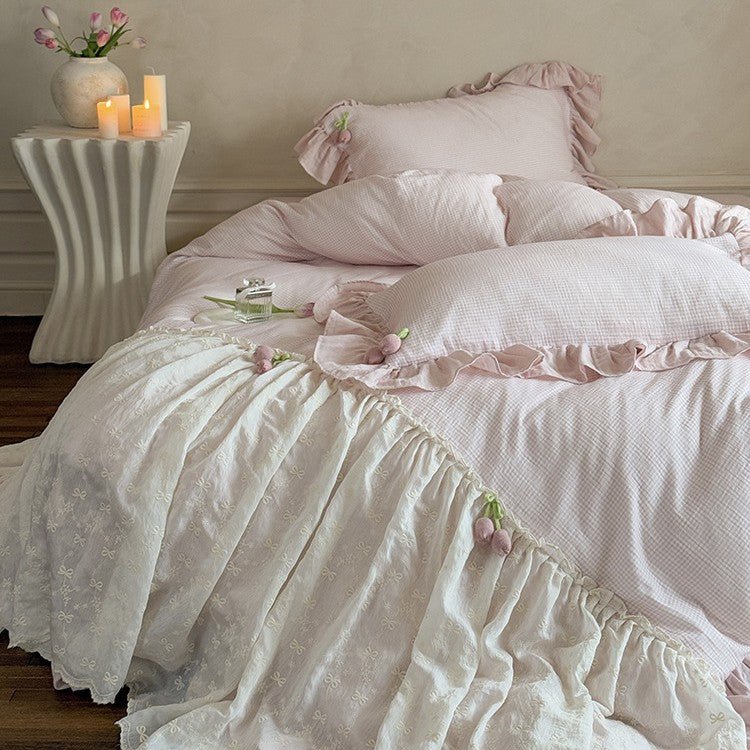 Bella Floral Lace Ruffled Princess Bedding Set / Pink Ever Lasting