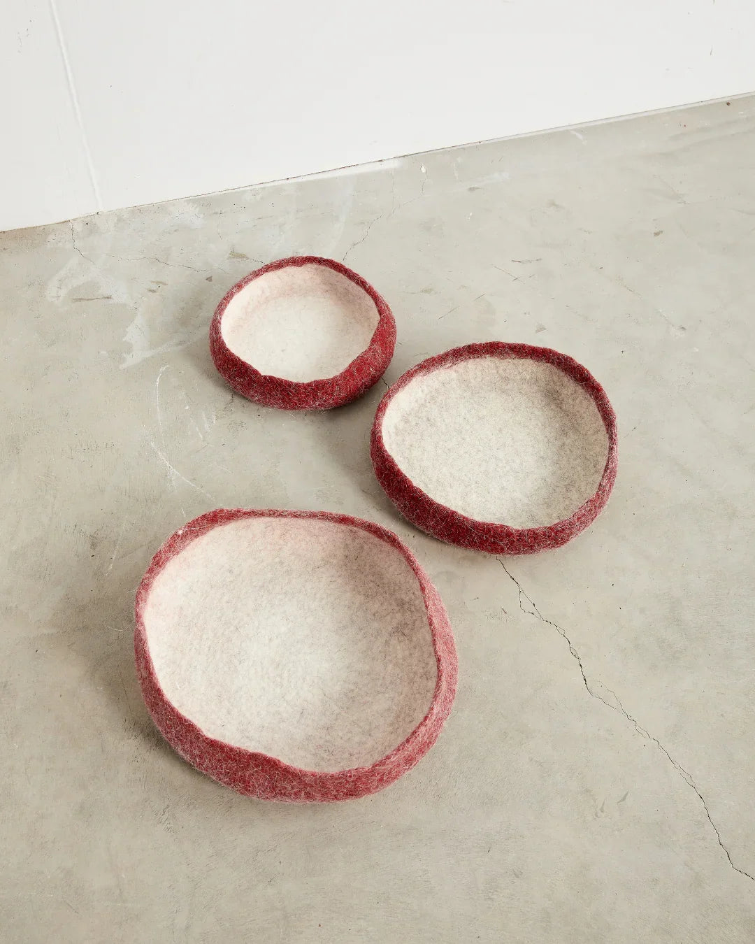 Berry Red Decorative Wool Nesting Bowls, back view - House Of Avana