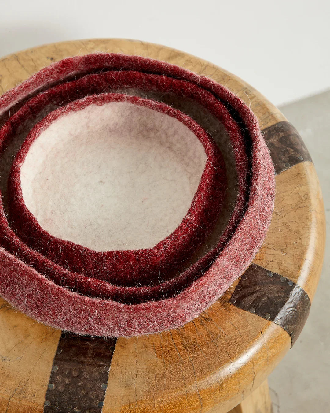 Berry Red Decorative Wool Nesting Bowls, lifestyle image - House Of Avana