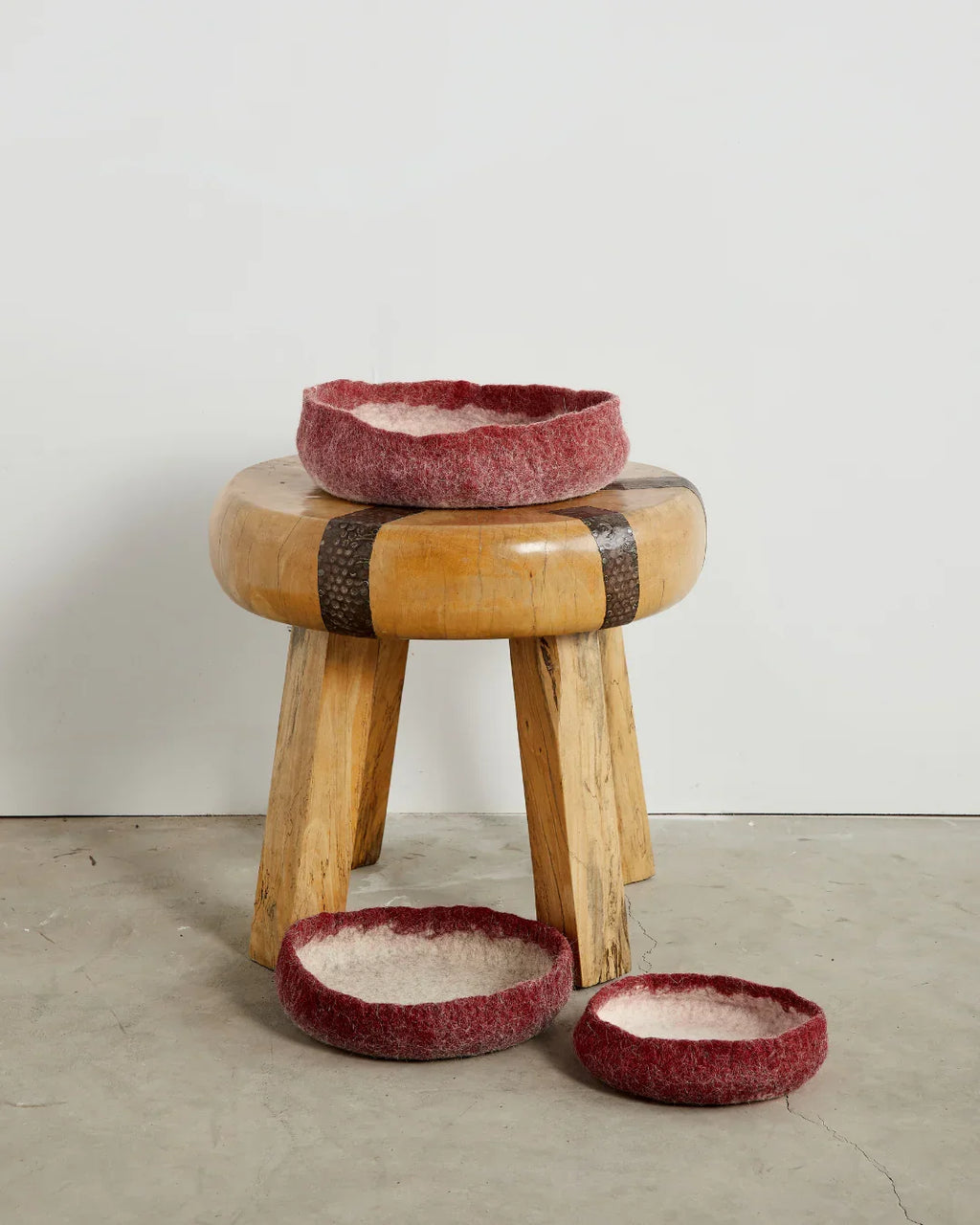 Berry Red Decorative Wool Nesting Bowls, top view - House Of Avana