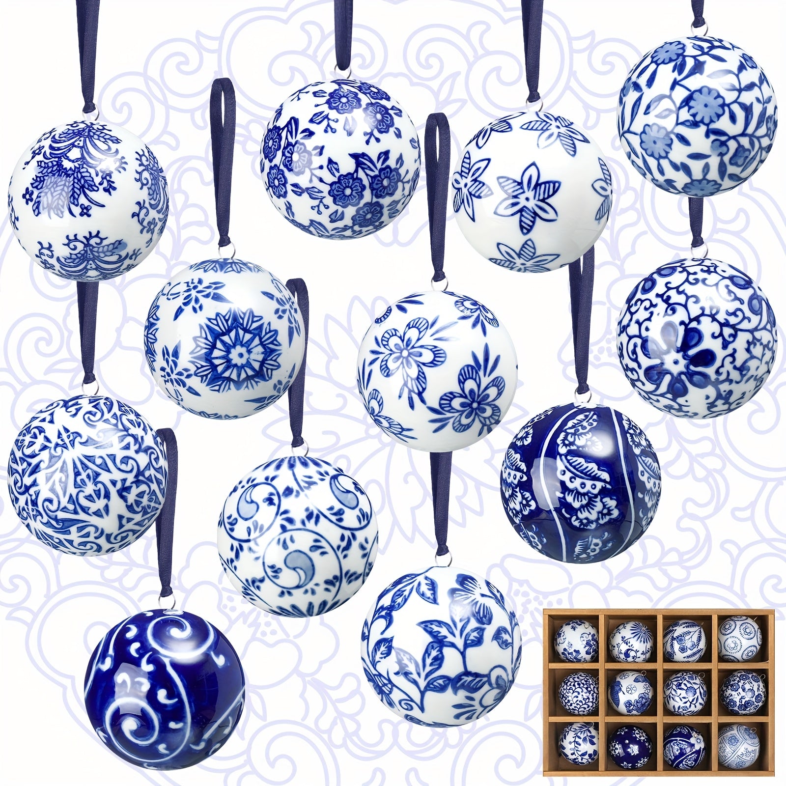 12 Christmas Ceramic Balls 2.4 Inch Blue and White Porcelain Chinese Style Decorations Wholesale Ceramic Hanging Decorative Ceramic Decorations Home Tree Decorative Christmas Party (Elegant Style), Seasonal Ornaments, Festive House Of Avana