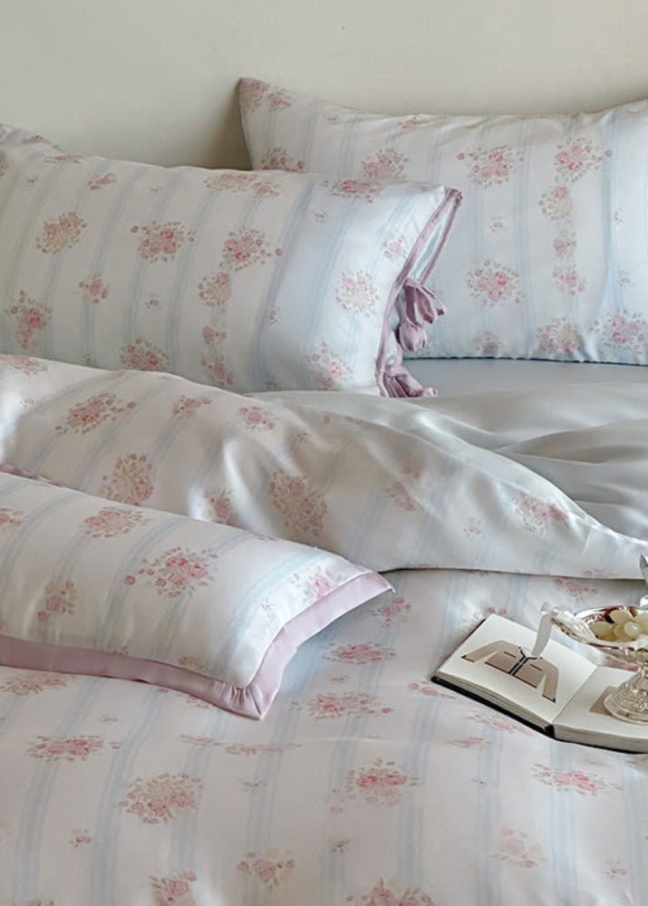 Bianca Floral Ribbon Tied TENCEL™ Bedding Set / Ivory Blue Ever Lasting