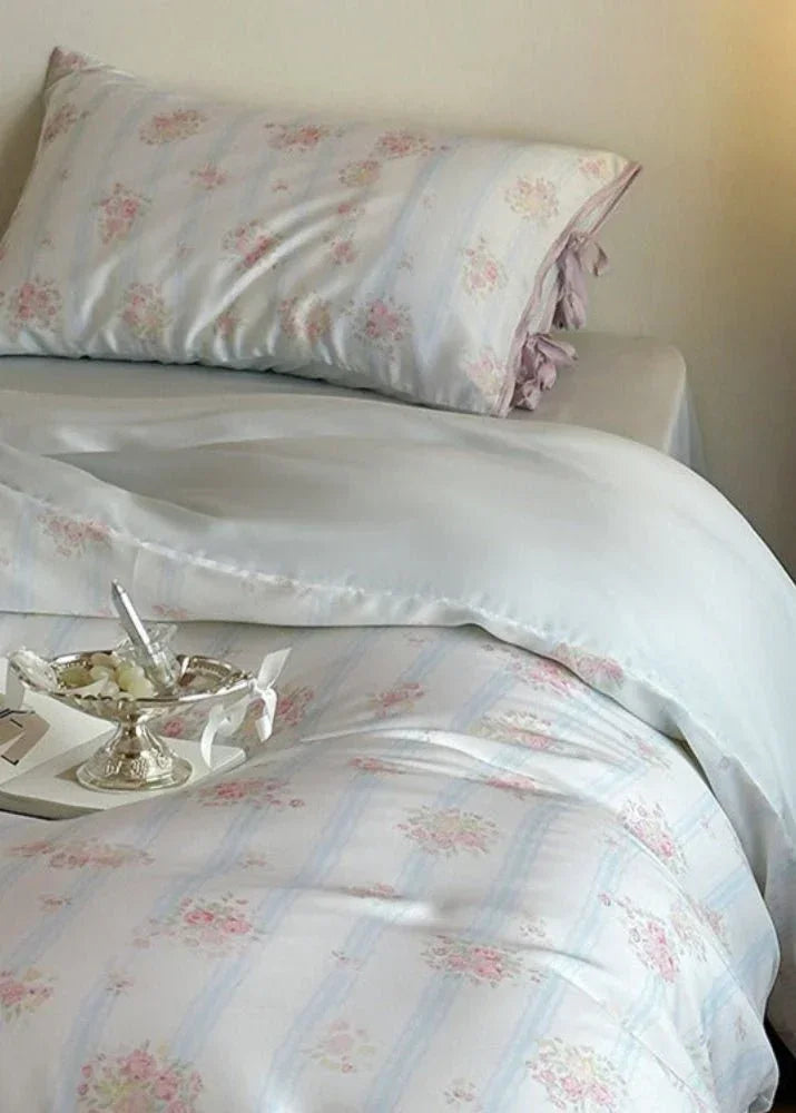 Bianca Floral Ribbon Tied Tencel™ Bedding Set / Ivory Blue, close-up view - House Of Avana