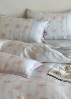 Bianca Floral Ribbon Tied Tencel™ Bedding Set / Ivory Blue, texture detail - House Of Avana