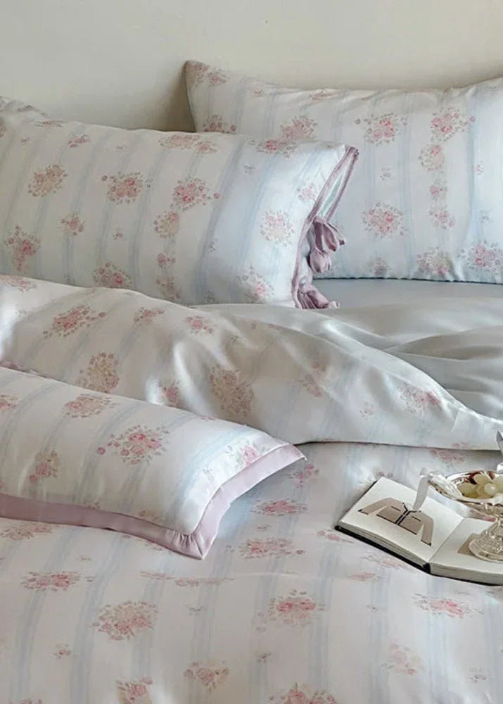 Bianca Floral Ribbon Tied Tencel™ Bedding Set / Ivory Blue, texture detail - House Of Avana