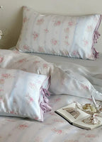 Bianca Floral Ribbon Tied Tencel™ Bedding Set / Ivory Blue, dimensions view - House Of Avana