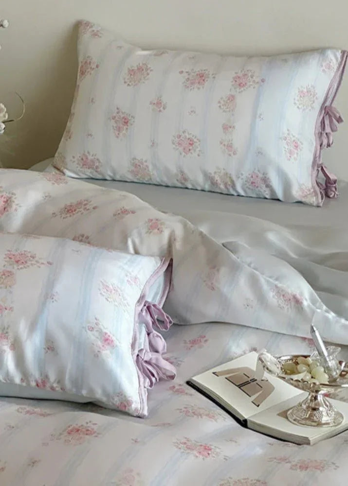 Bianca Floral Ribbon Tied Tencel™ Bedding Set / Ivory Blue, dimensions view - House Of Avana
