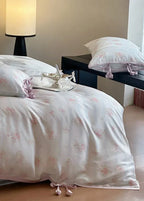 Bianca Floral Ribbon Tied Tencel™ Bedding Set / Ivory Blue, in-use display - House Of Avana