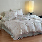Bianca Floral Ribbon Tied Tencel™ Bedding Set / Ivory Blue, back view - House Of Avana