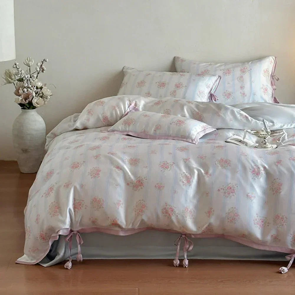 Bianca Floral Ribbon Tied Tencel™ Bedding Set / Ivory Blue, side view - House Of Avana