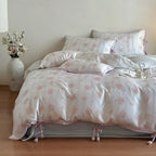 Bianca Floral Ribbon Tied Tencel™ Bedding Set / Ivory Blue, side view - House Of Avana