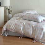 Bianca Floral Ribbon Tied Tencel™ Bedding Set / Ivory Blue, detail shot - House Of Avana