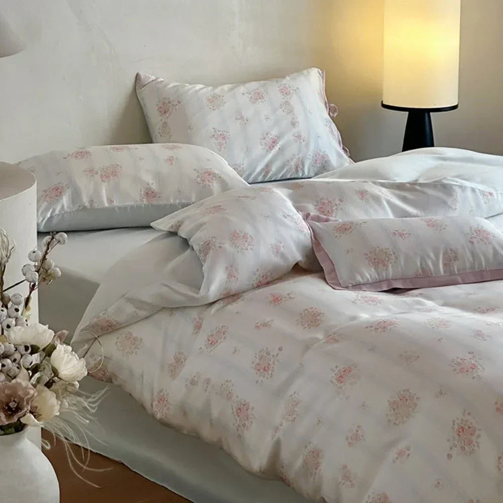 Bianca Floral Ribbon Tied Tencel™ Bedding Set / Ivory Blue, lifestyle image - House Of Avana