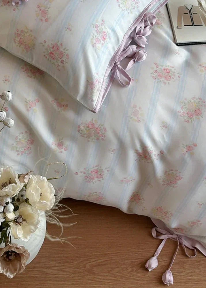 Bianca Floral Ribbon Tied Tencel™ Bedding Set / Ivory Blue, top view - House Of Avana