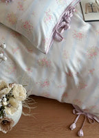 Bianca Floral Ribbon Tied Tencel™ Bedding Set / Ivory Blue, top view - House Of Avana