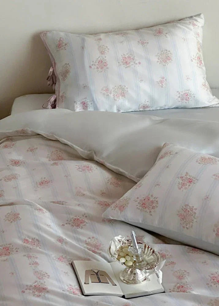 Bianca Floral Ribbon Tied Tencel™ Bedding Set / Ivory Blue, angled view - House Of Avana