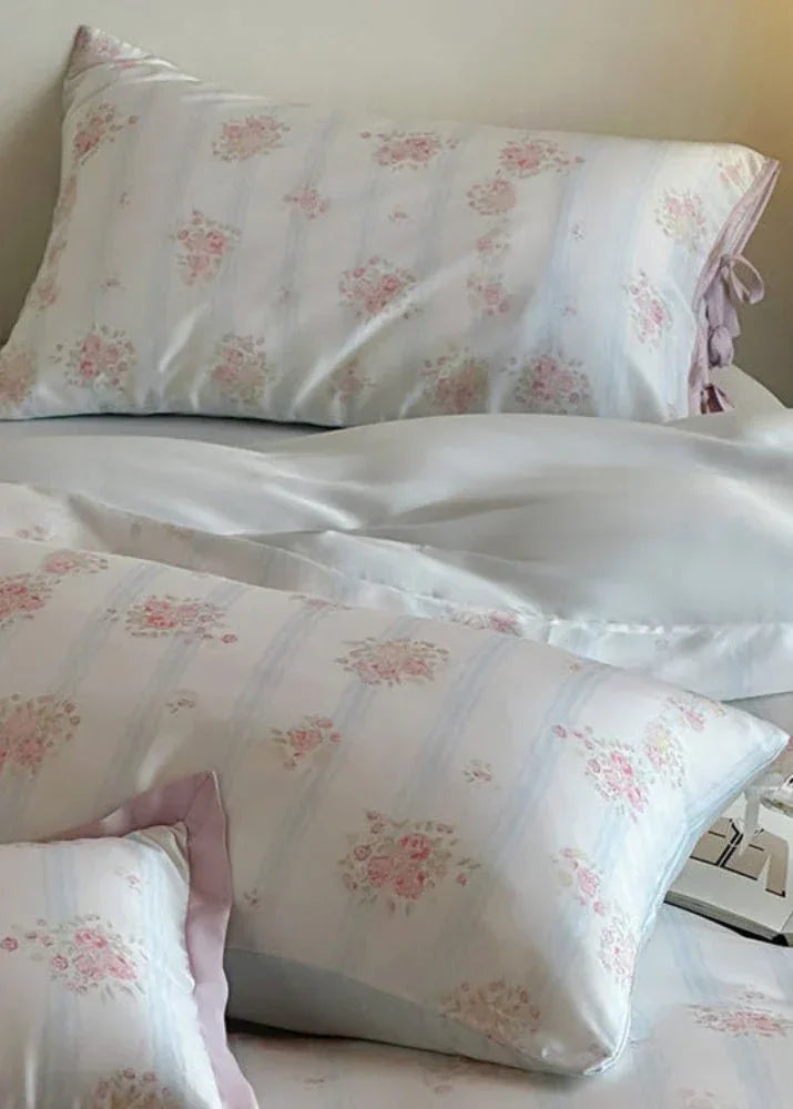 Bianca Floral Ribbon Tied Tencel™ Bedding Set / Ivory Blue, angled view - House Of Avana