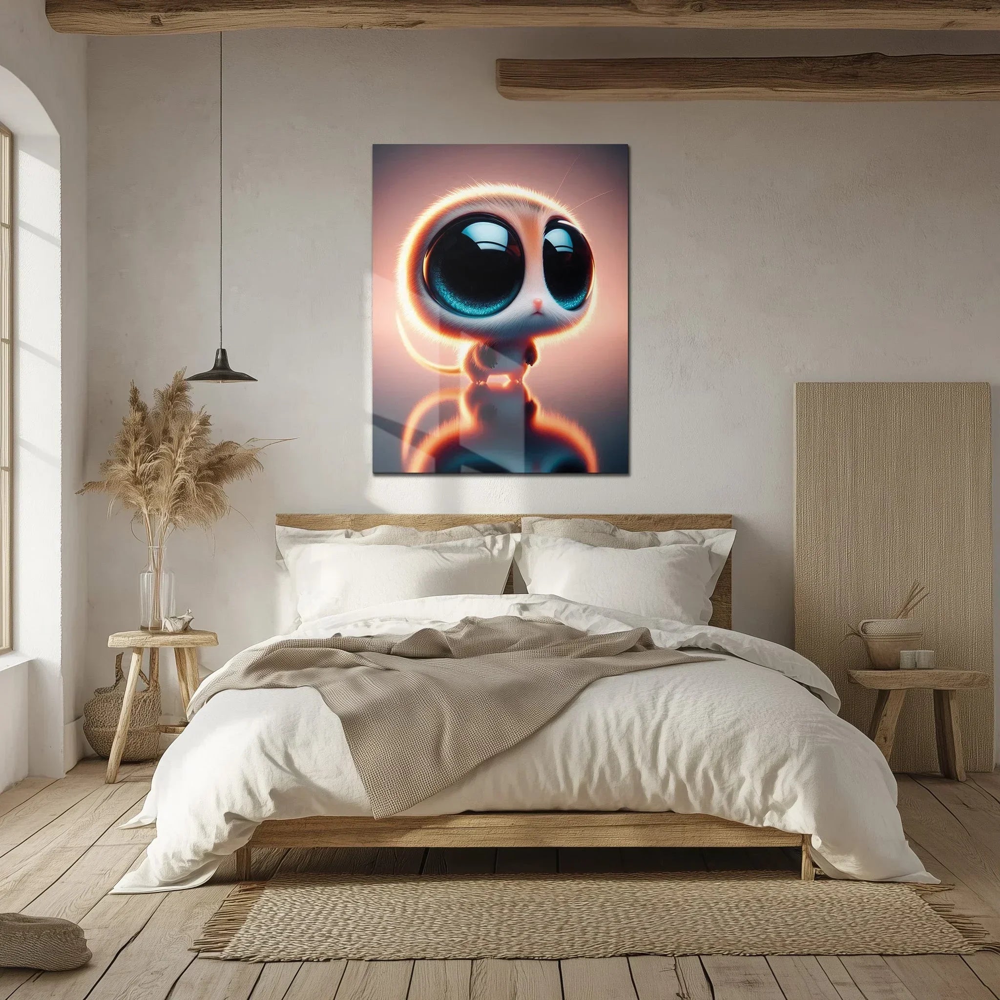 Big-eyed Fantasy Kitten Uv Glass Wall Art – Cute Neon Pet Illustration - Kafcd094, detail shot - House Of Avana