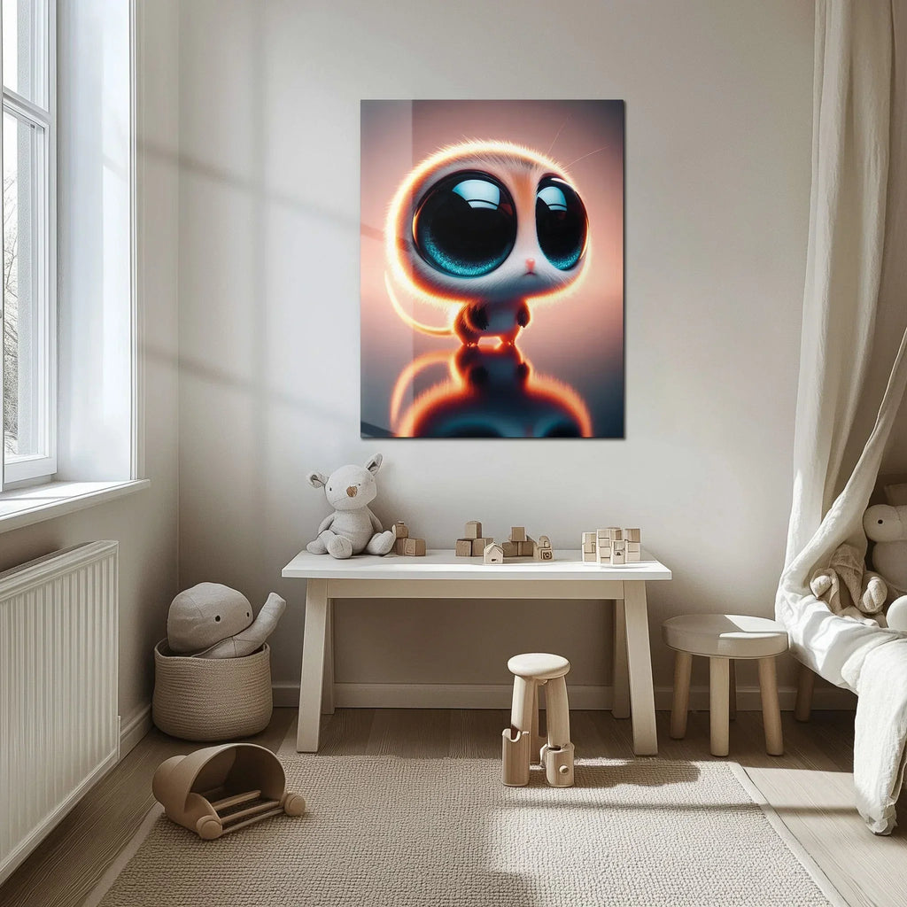 Big-eyed Fantasy Kitten Uv Glass Wall Art – Cute Neon Pet Illustration - Kafcd094, top view - House Of Avana