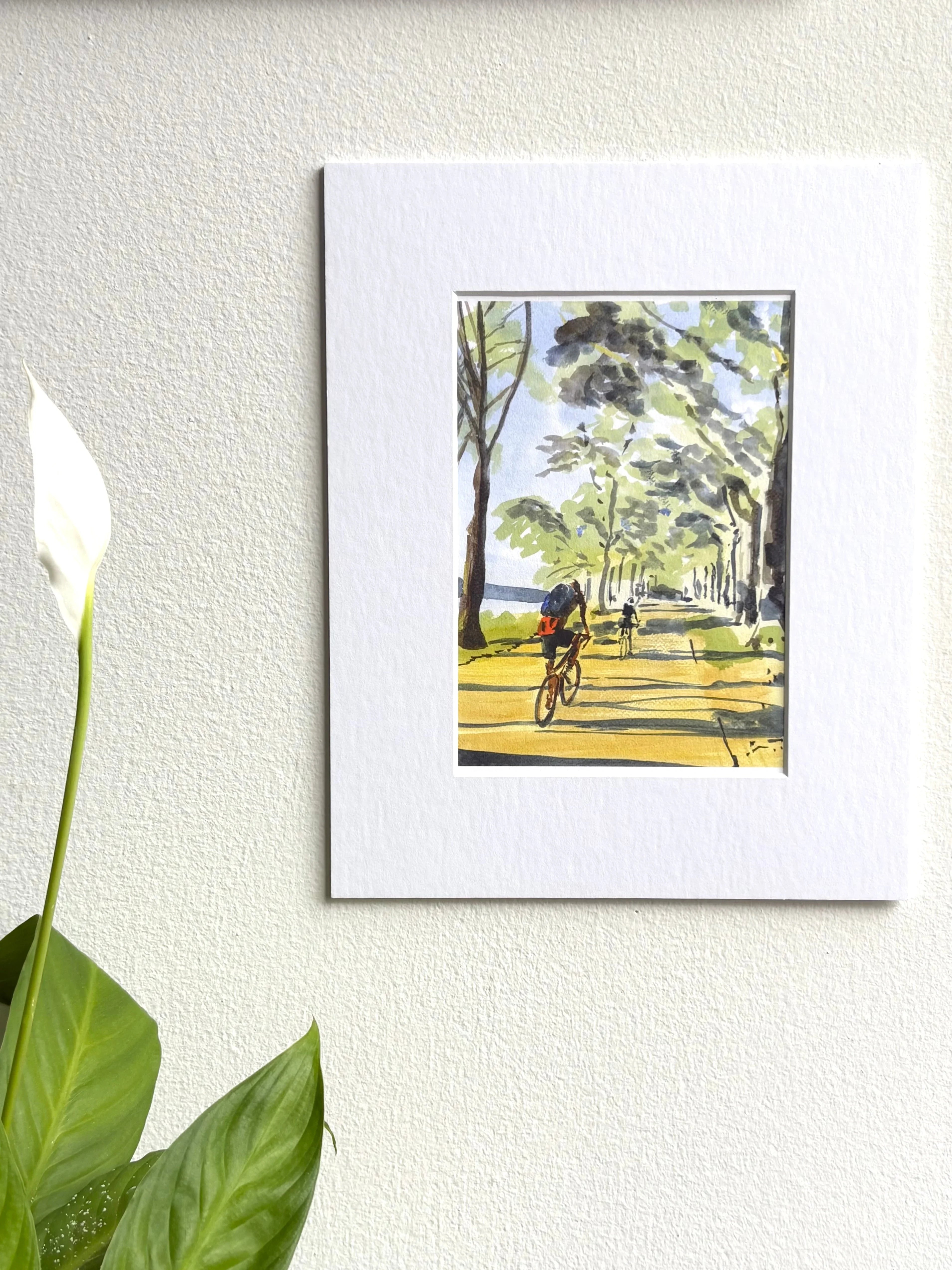 Biking in the Light, Hudson River, Bikers, Watercolor Painting, back view - House Of Avana