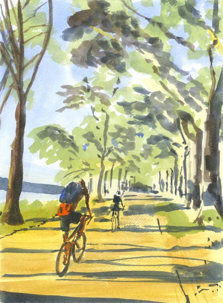 Biking in the Light, Hudson River, Bikers, Watercolor Painting, detail shot - House Of Avana
