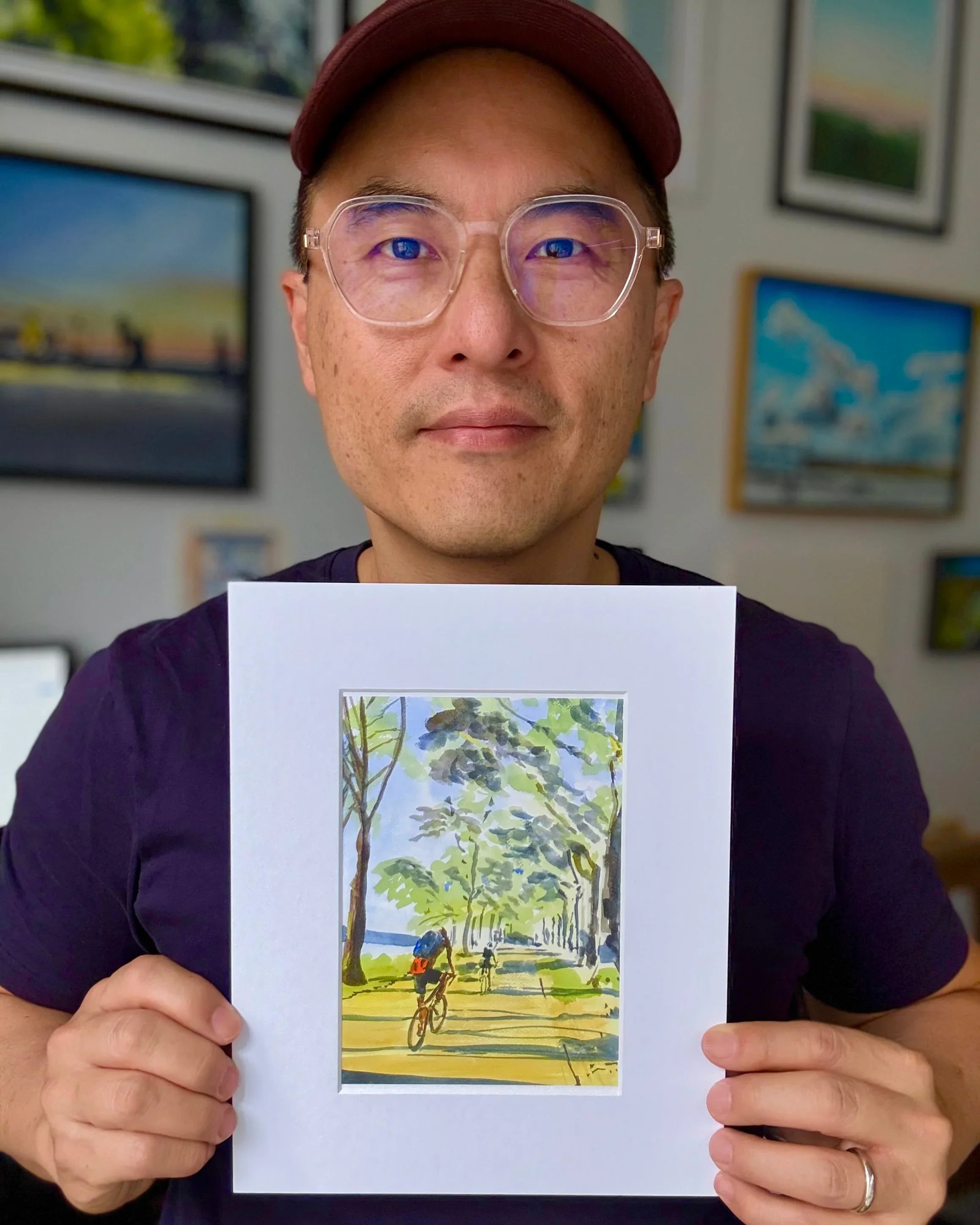 Biking in the Light, Hudson River, Bikers, Watercolor Painting, side view - House Of Avana