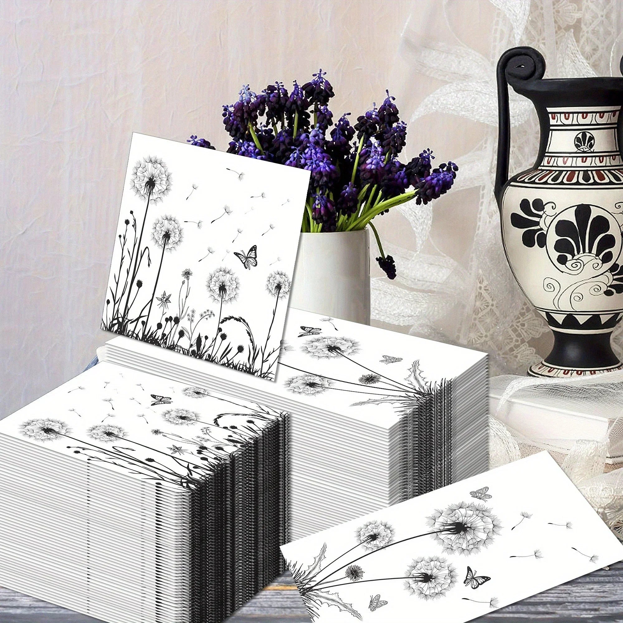 White and black dandelion printed biodegradable napkins, eco-friendly paper - House of Avana