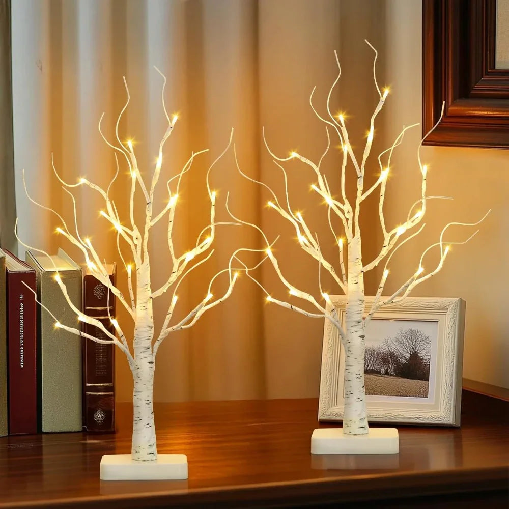Birch Tree Led Lights 4-pack, Battery Operated Wooden String Lights, angled view - House Of Avana