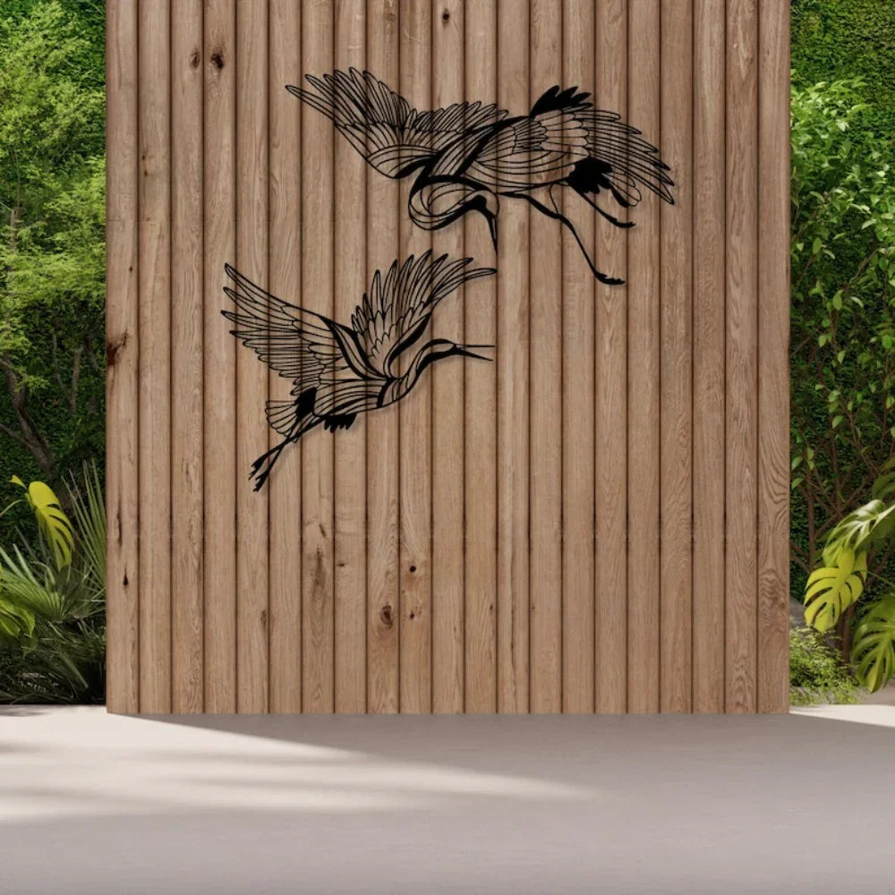 Set of Metal Crane Wall Art - & Flying Birds Decor, Elegant Metal Crane Sculptures for Living Room, Home... - House Of Avana