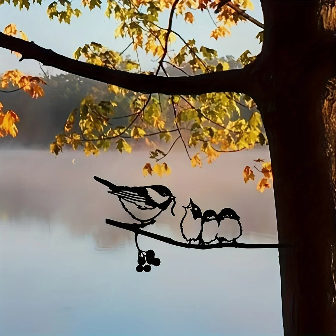 Delightful Birds Silhouette Metal Decoration - Rustic Farmhouse Garden Accent, Feeding Bird Animal Stump... - House Of Avana