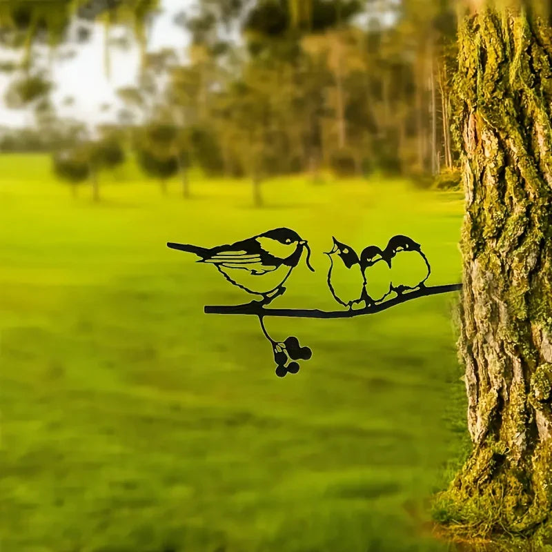 Delightful Birds Silhouette Metal Decoration - Rustic Farmhouse Garden Accent, Feeding Bird Animal Stump... - House Of Avana