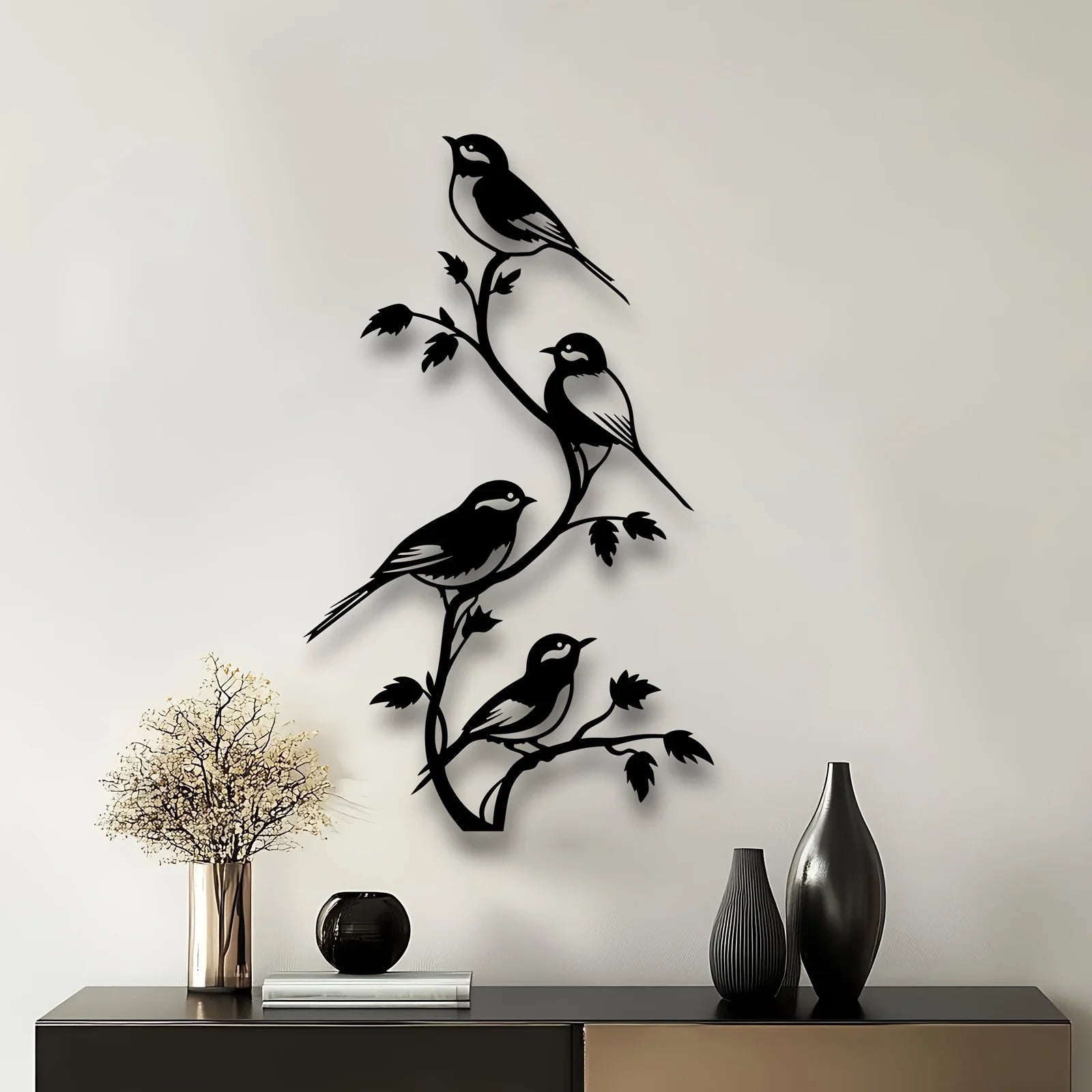 Metal Bird Silhouette Wall Sculpture - Handcrafted Laser-cut Iron Art, 2d Flat Rustic Decor, lifestyle image - House Of Avana