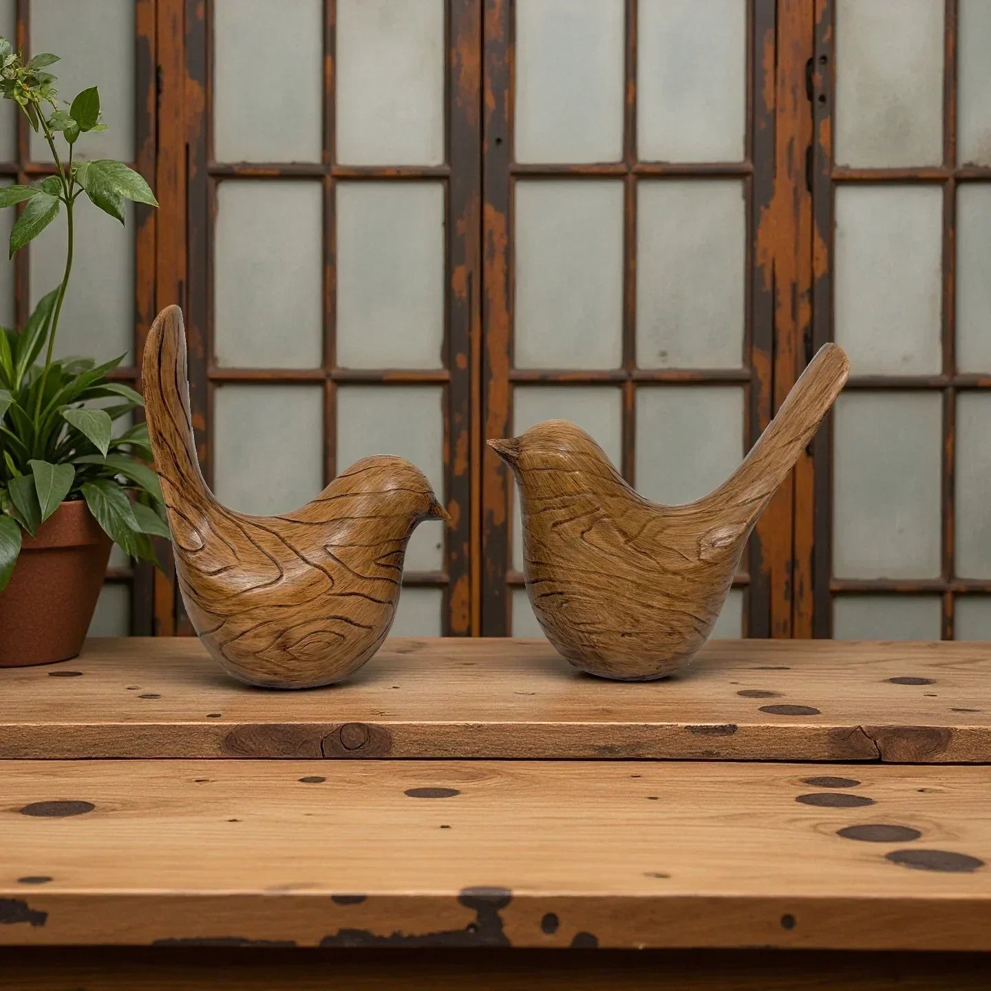 Bird Statues - Wood Grain Desktop Ornaments, side view - House Of Avana