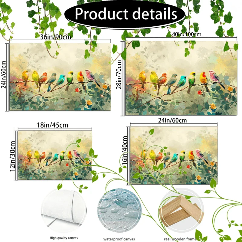 Wooden Framed Canvas Painting Colorful Birds on Branches, Soft Background, Watercolor Effect, Nature... - House Of Avana