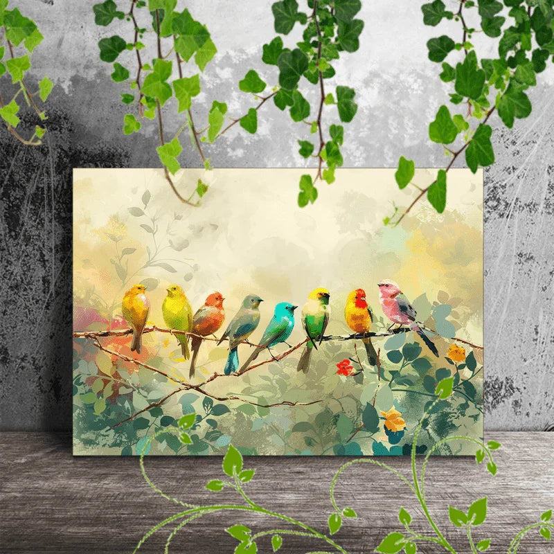 Wooden Framed Canvas Painting Colorful Birds on Branches, Soft Background, Watercolor Effect, Nature... - House Of Avana