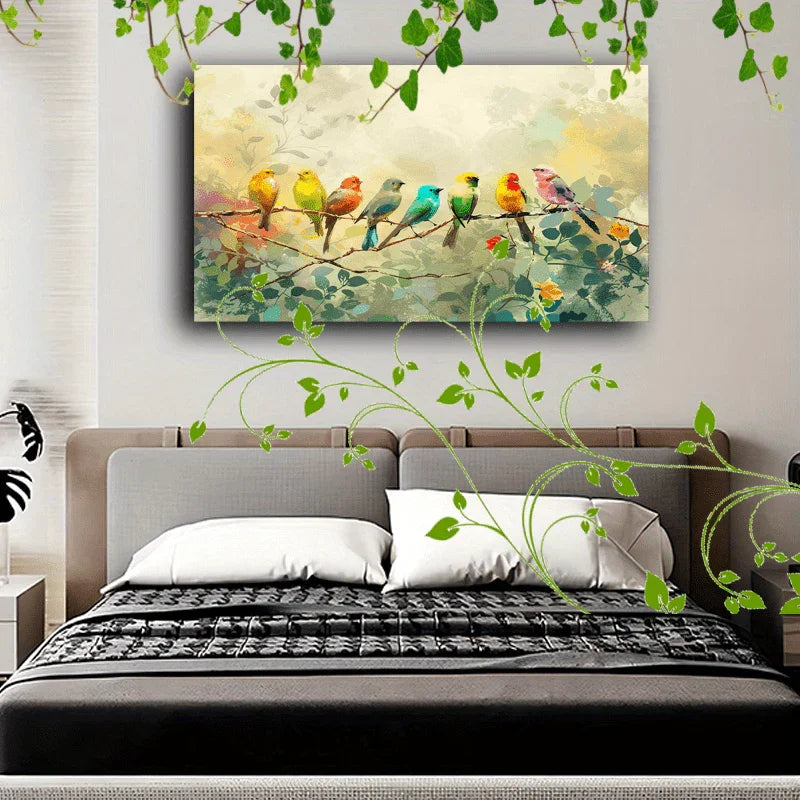 Wooden Framed Canvas Painting Colorful Birds on Branches, Soft Background, Watercolor Effect, Nature... - House Of Avana