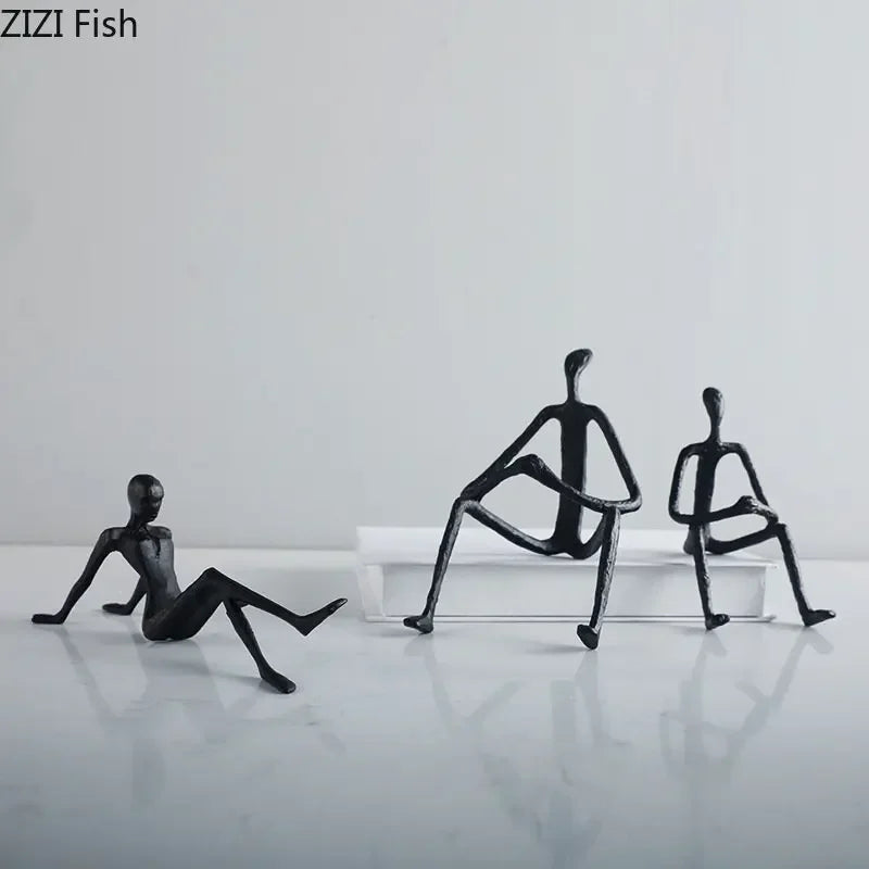 Black Cast Iron Crafts Seated Figures Statue Room Aesthetics Decor Ornaments Abstract Character Metal... - House Of Avana