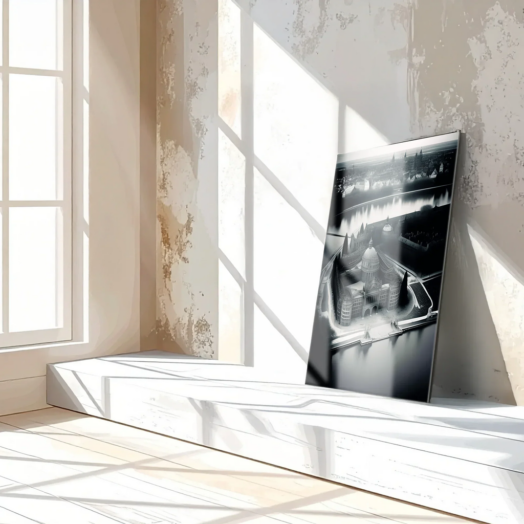 Black and White Palace Cityscape Glass Wall Art – Architectural UV Print Design-KAFCD054 Peony Atelier