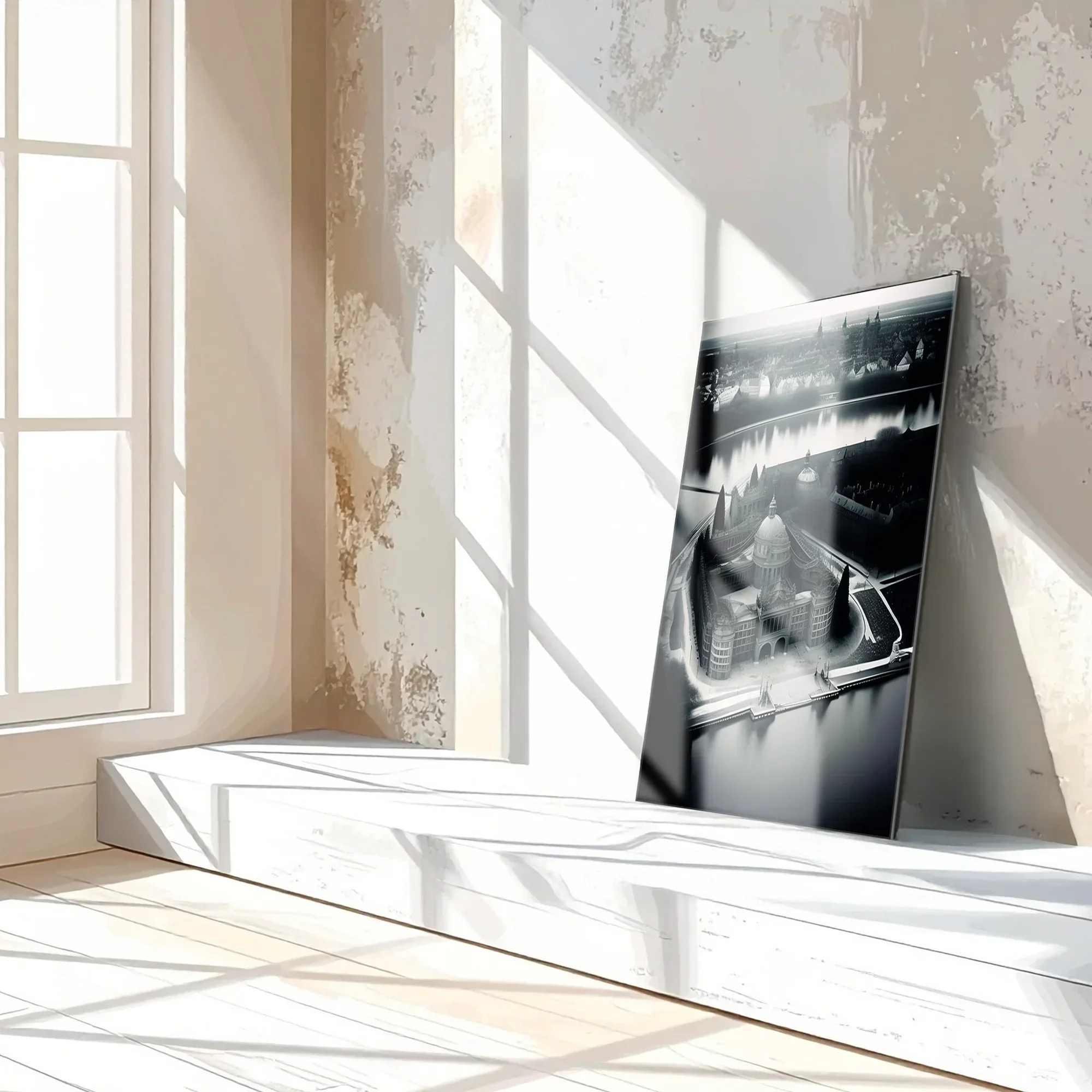 Black and White Palace Cityscape Glass Wall Art – Architectural UV Print Design-KAFCD054 Peony Atelier