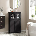 Black Bathroom Towel Linen Cabinet with Glass Doors and Storage Shelves