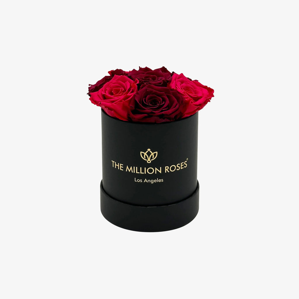 Black box with magenta and burgundy roses, velvet flowers arrangement - House of Avana