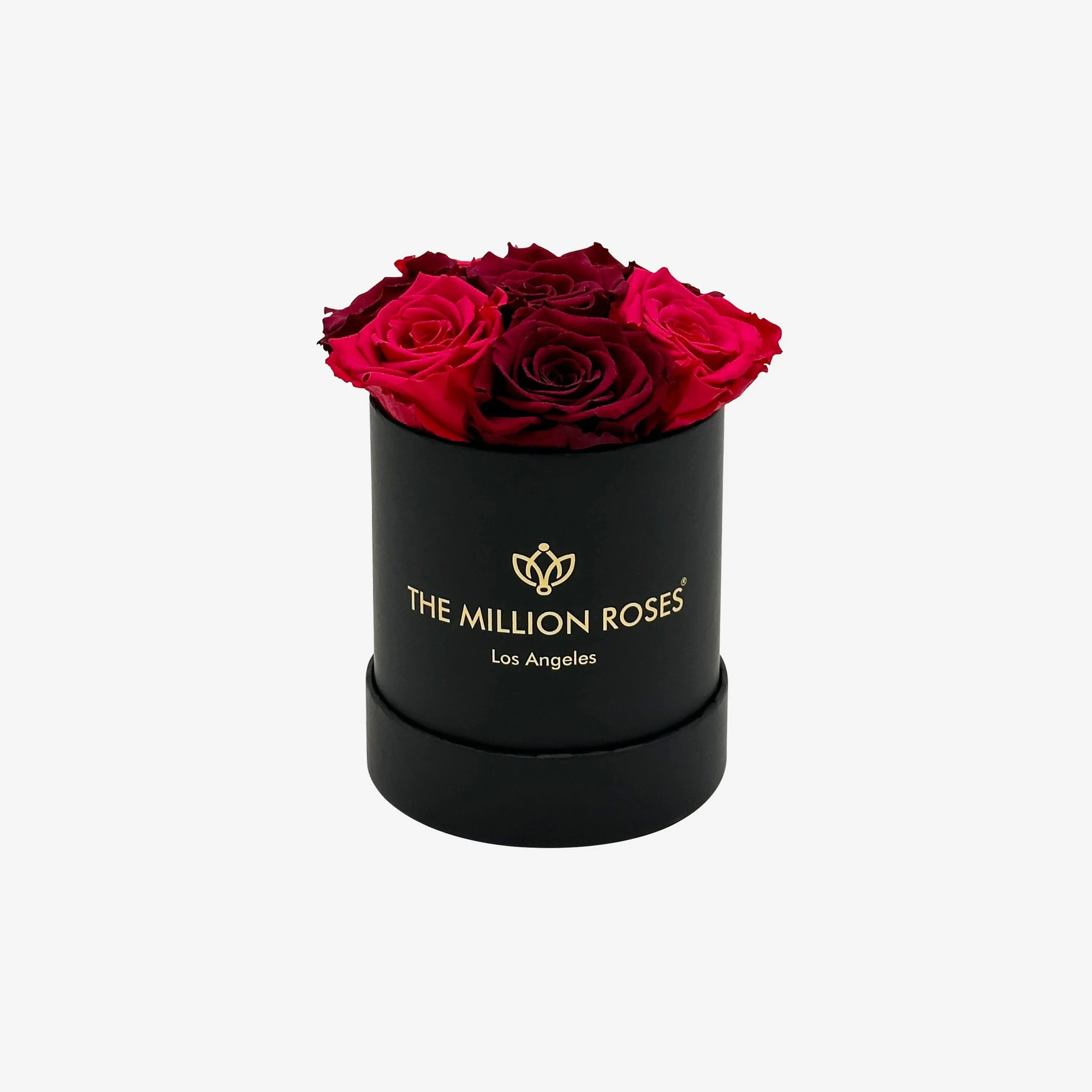 Black box with magenta and burgundy roses, velvet flowers arrangement - House of Avana