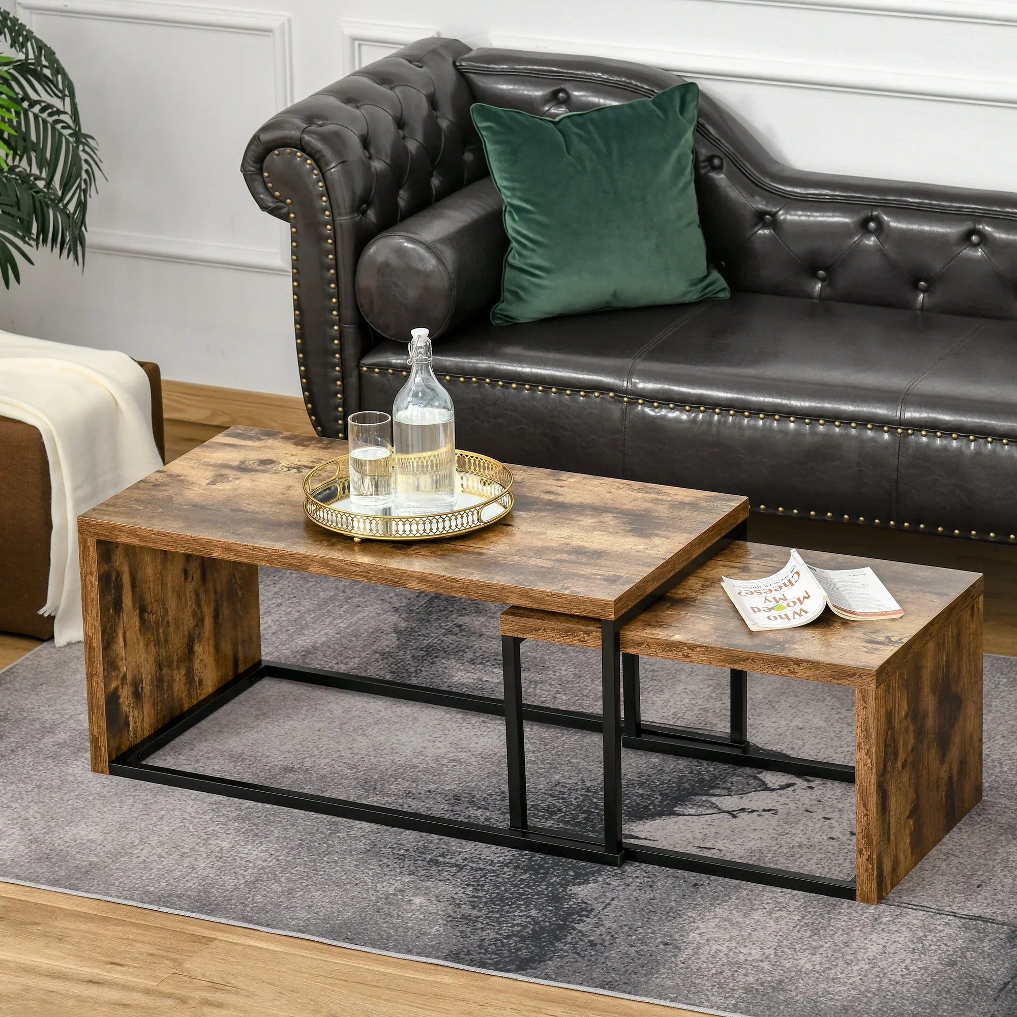 Coffee Tables Nesting Table Set of Side Table W/ Metal Frame for Living Room Bedroom Black & Brown - House Of Avana