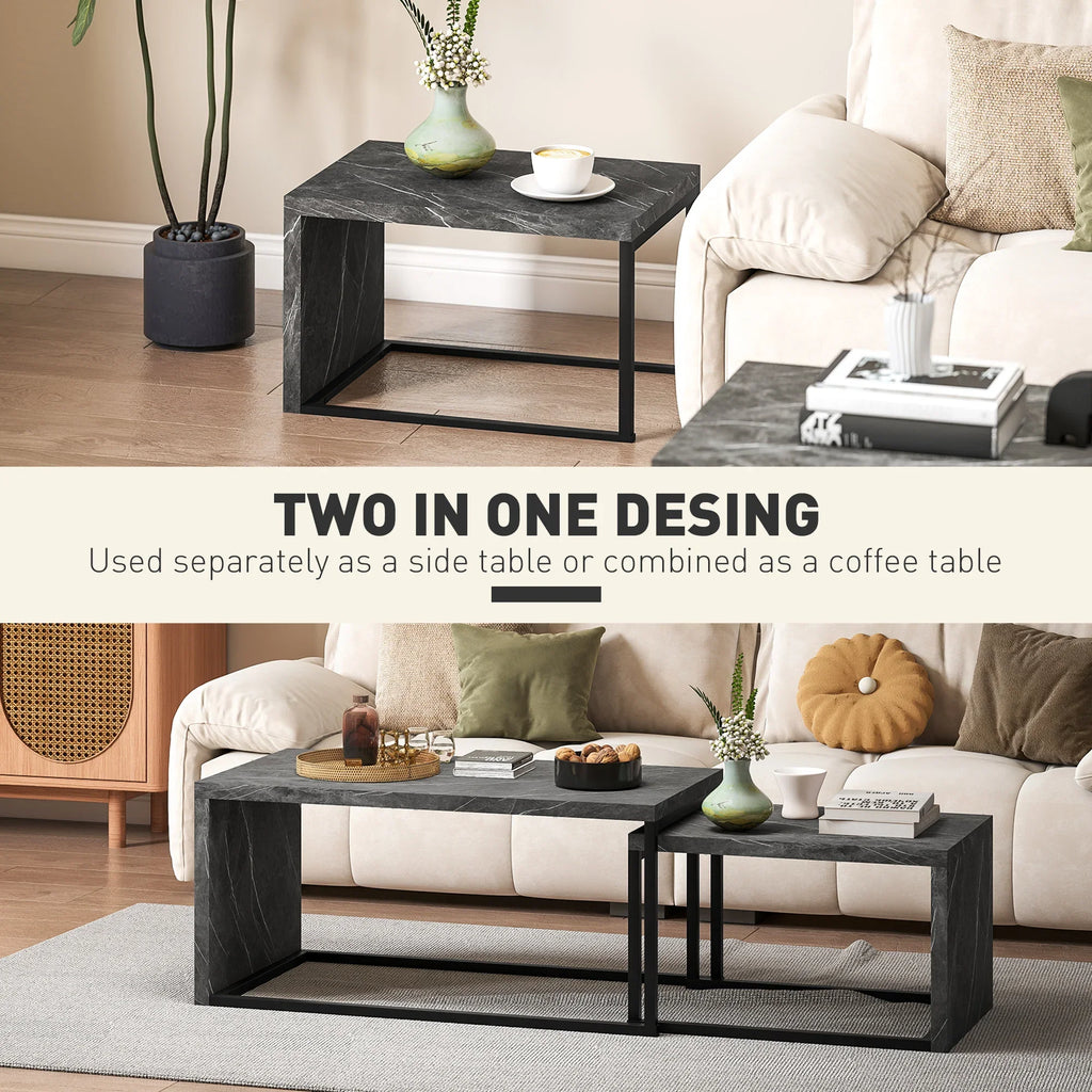 Coffee Tables Nesting Table Set of Side Table W/ Metal Frame for Living Room Bedroom Black & Brown - House Of Avana
