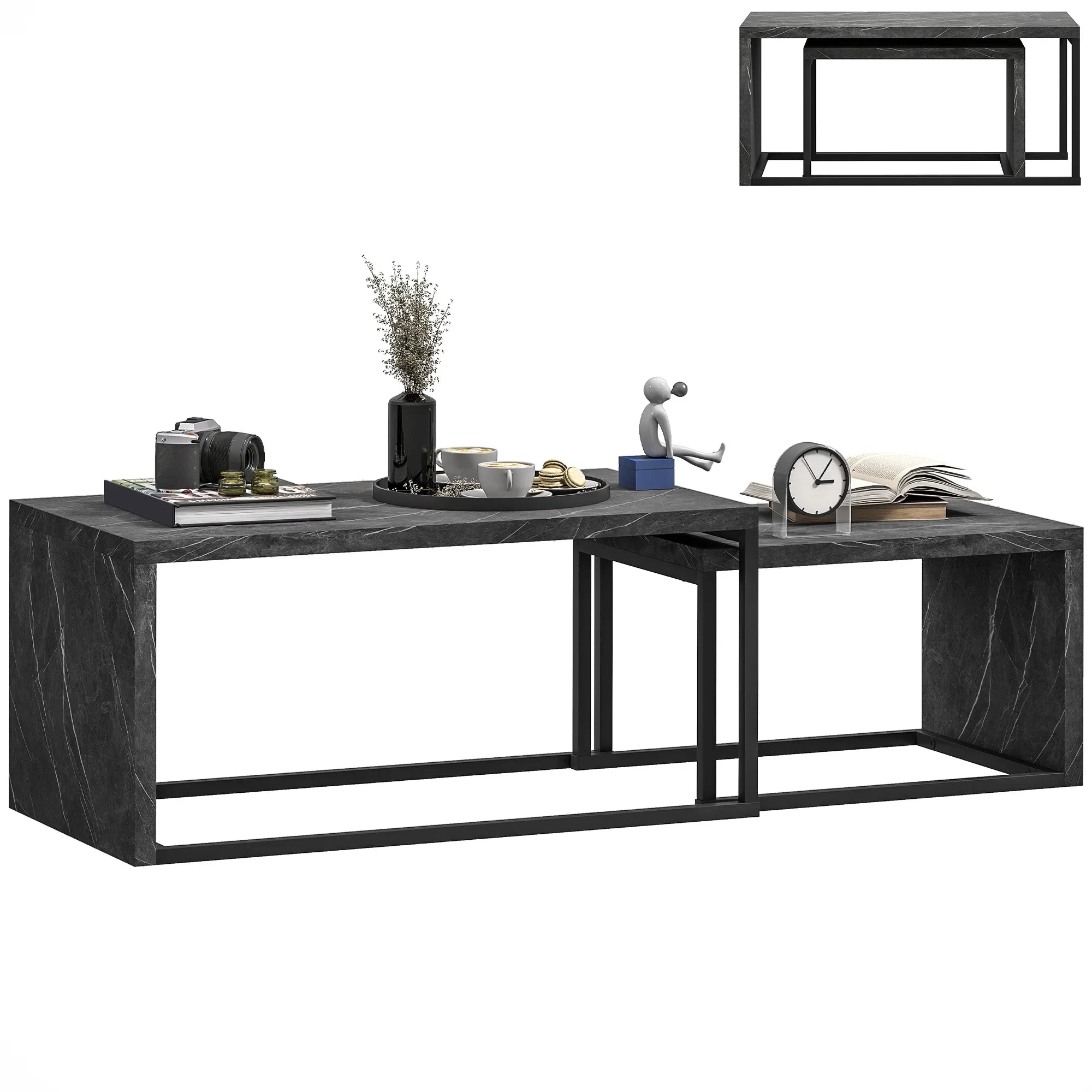 Coffee Tables Nesting Table Set of Side Table W/ Metal Frame for Living Room Bedroom Black & Brown - House Of Avana
