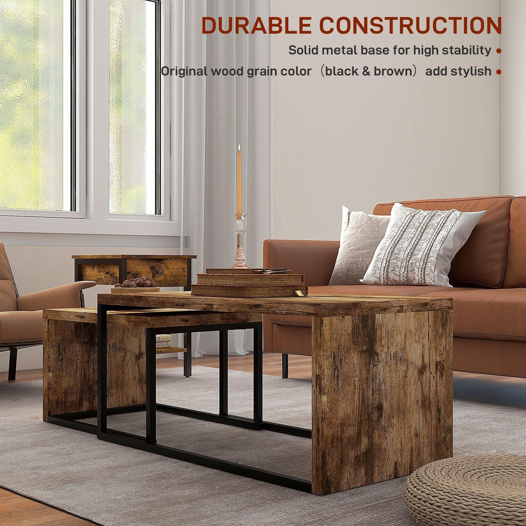 Coffee Tables Nesting Table Set of Side Table W/ Metal Frame for Living Room Bedroom Black & Brown - House Of Avana